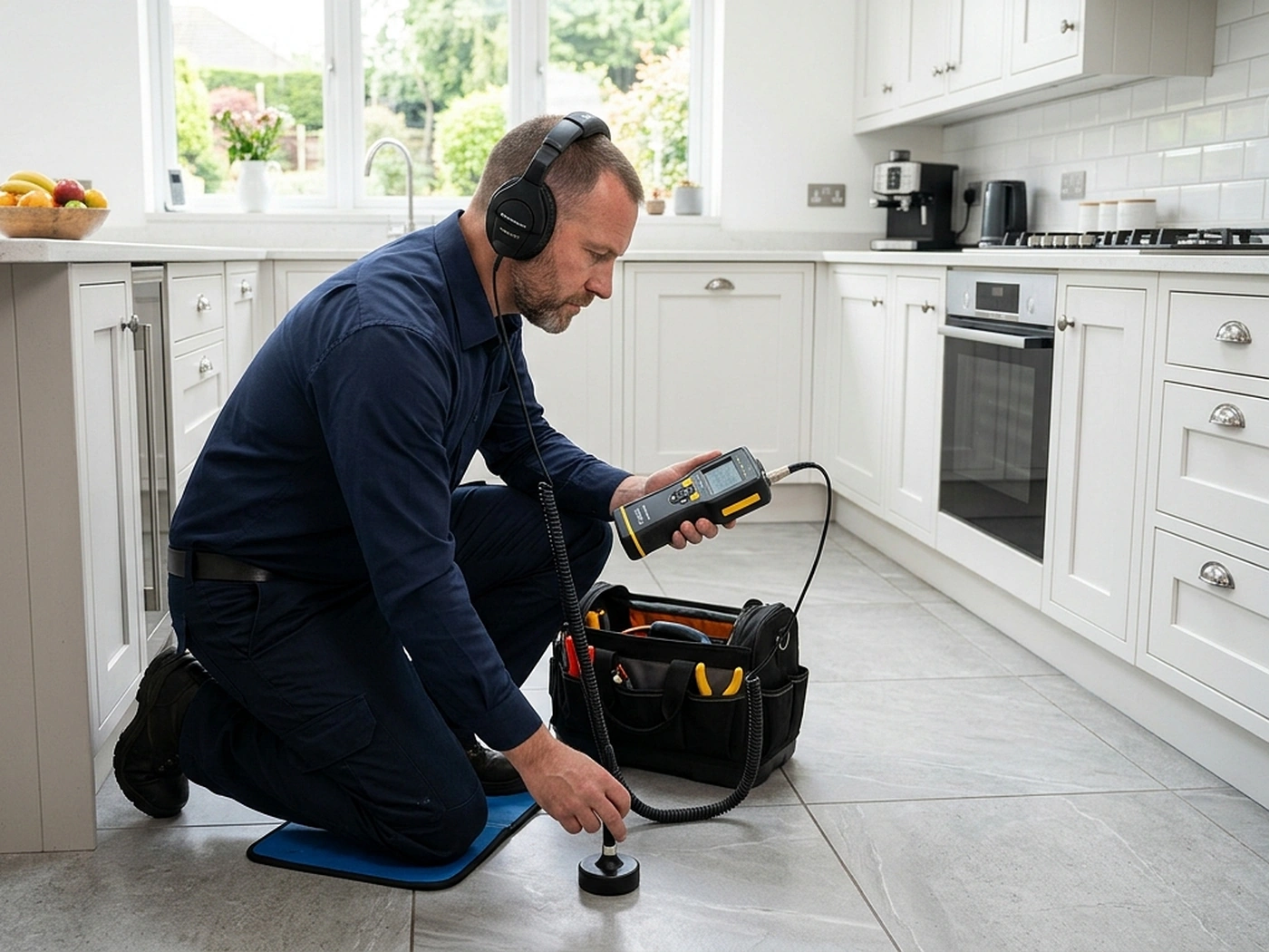 Leak detection technician kneeling on a kitchen tile floor with an acoustic ground sensor and detection unit