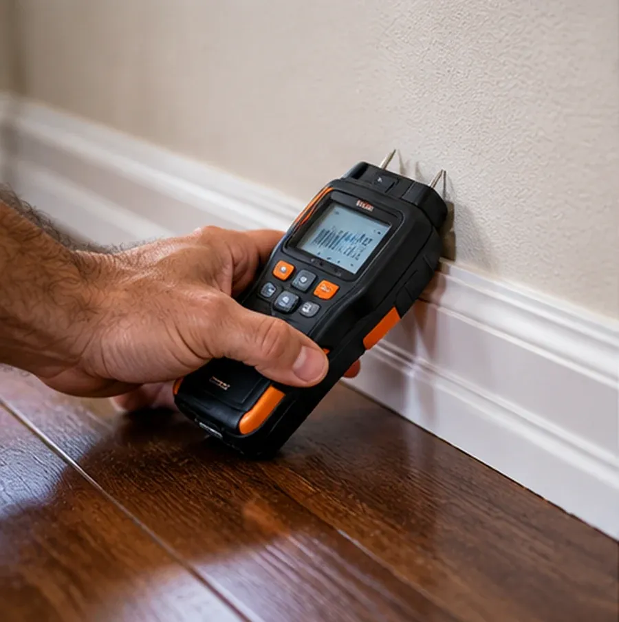 Moisture meter held against a baseboard to measure moisture levels