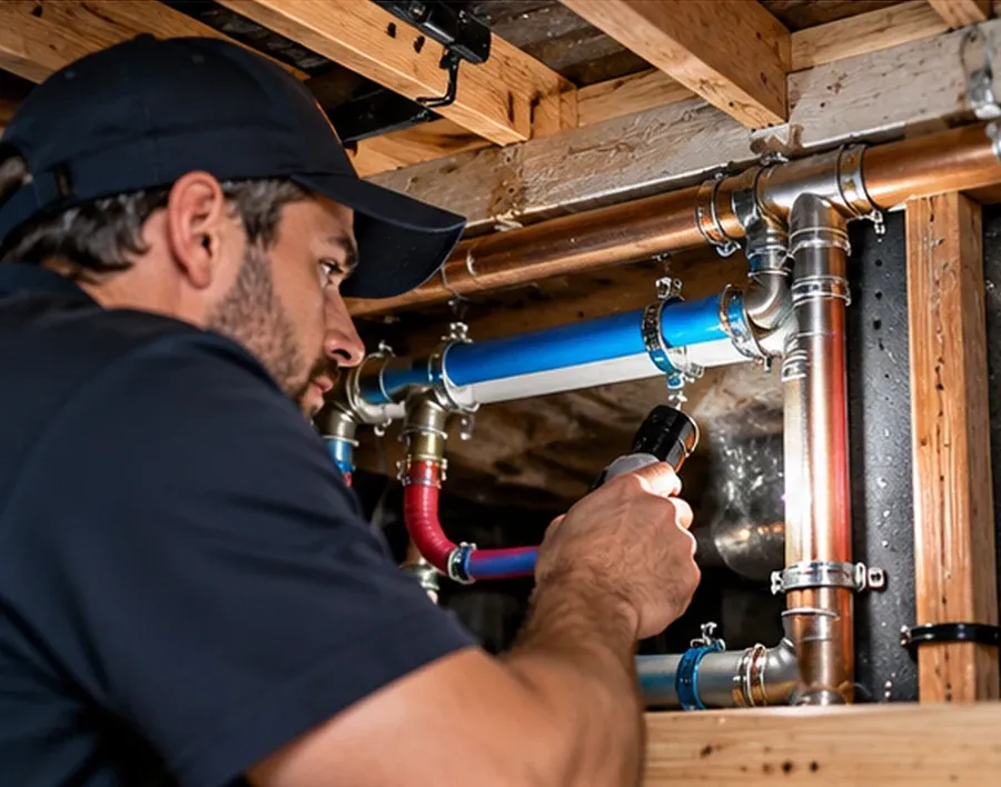 Technician inspecting exposed copper supply lines and fittings inside an open wall