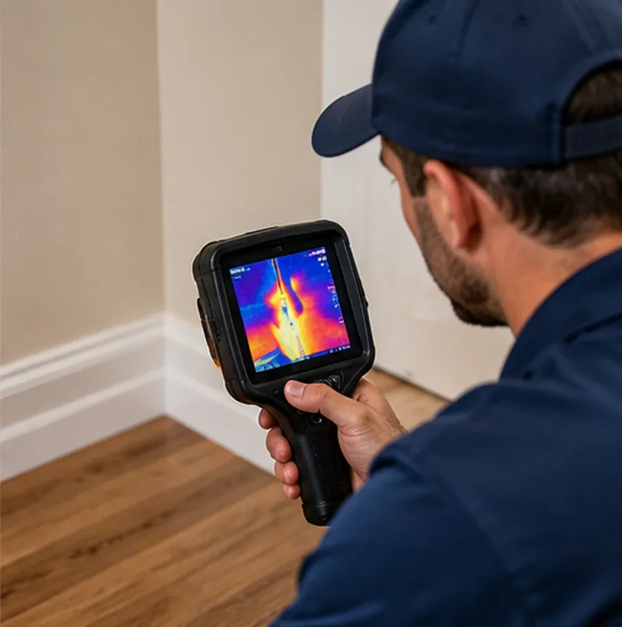 Technician scanning a wall and floor with a thermal camera
